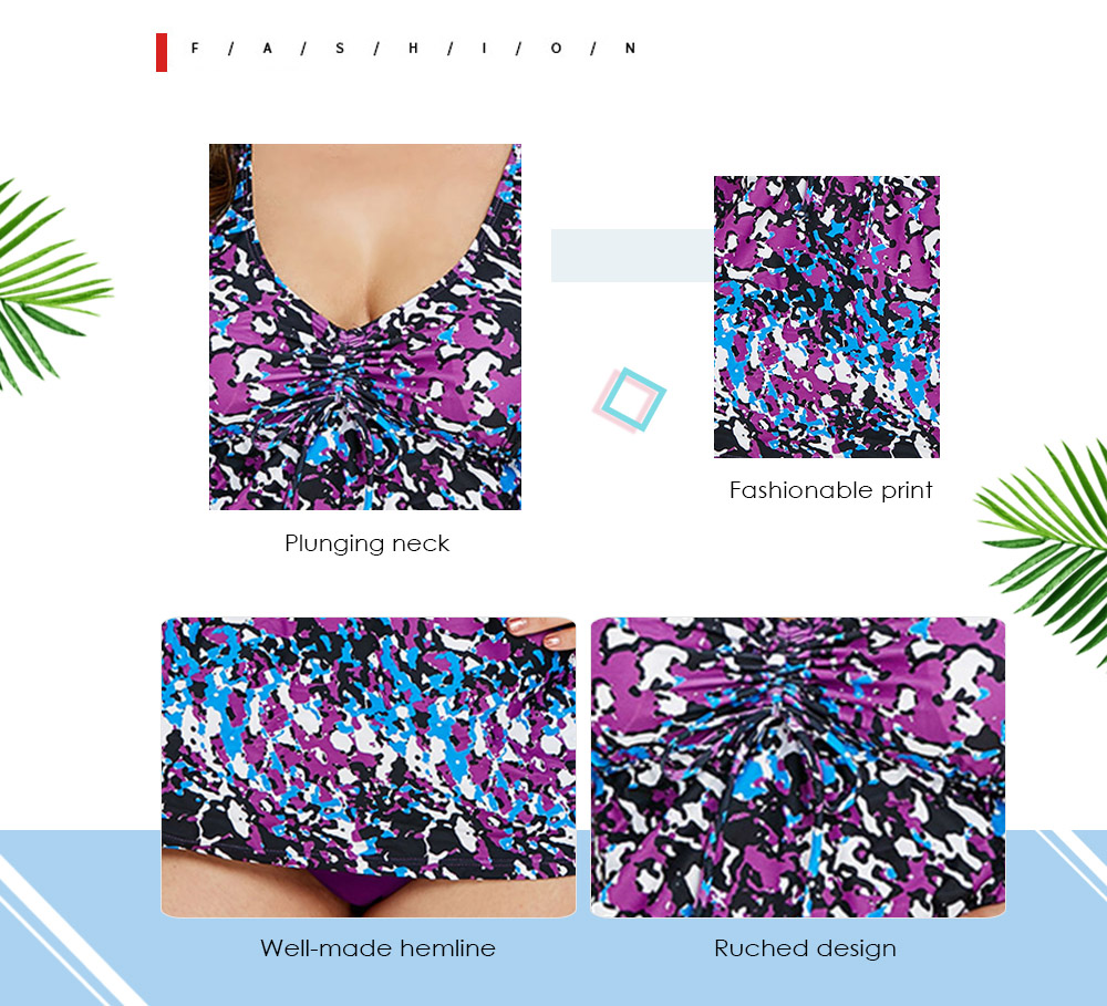 Plus Size Plunge Drawstring Print Tankini Set