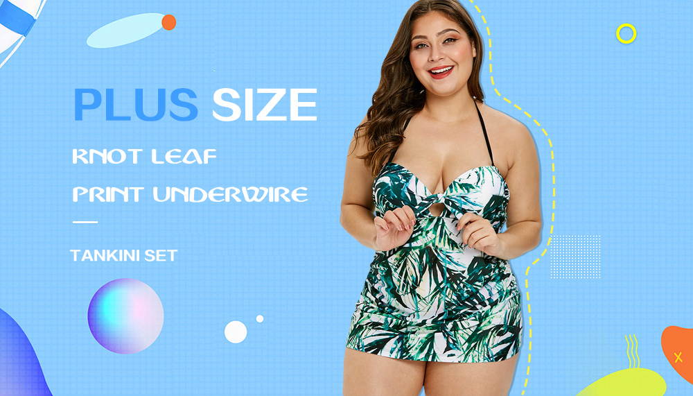 Plus Size Knot Leaf Print Underwire Tankini Set