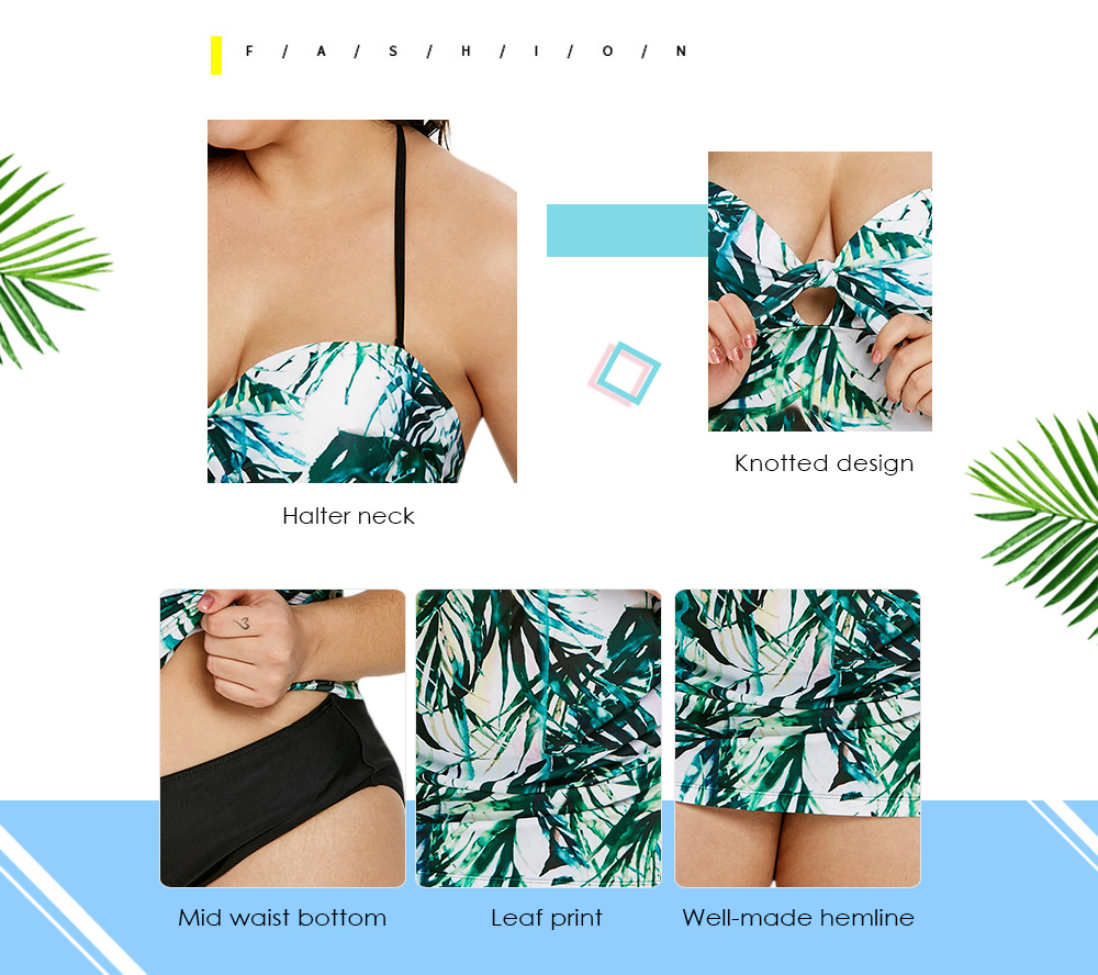 Plus Size Knot Leaf Print Underwire Tankini Set