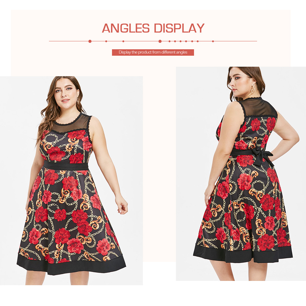 Floral Print Mesh Panel Plus Size Dress