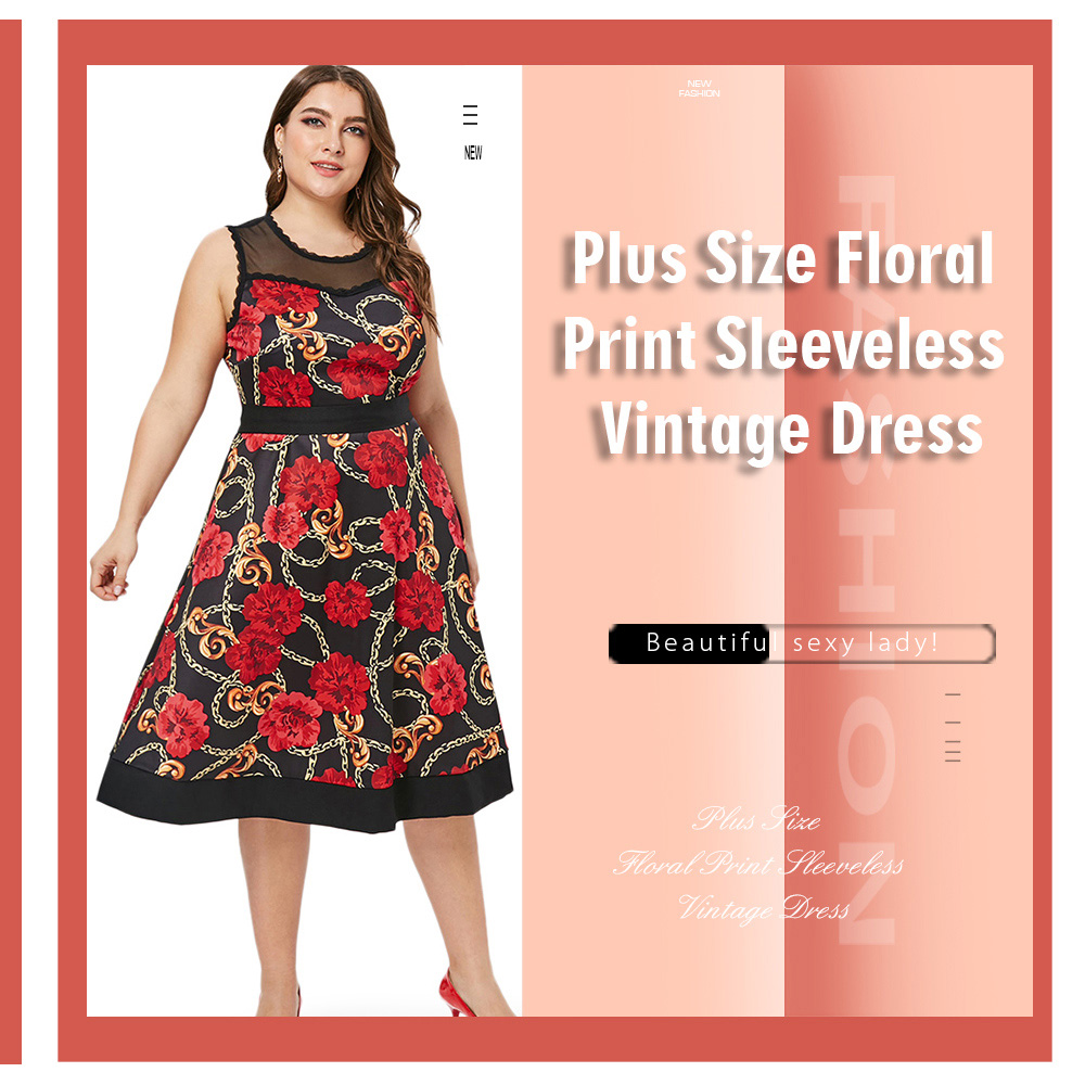 Floral Print Mesh Panel Plus Size Dress