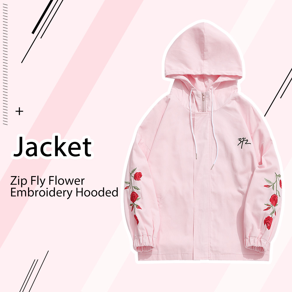 Flower Embroidery Zip Fly Hooded Jacket