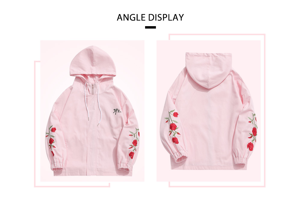 Flower Embroidery Zip Fly Hooded Jacket
