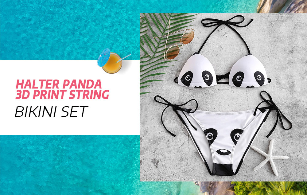 Halter 3D Panda Print Bikini Set