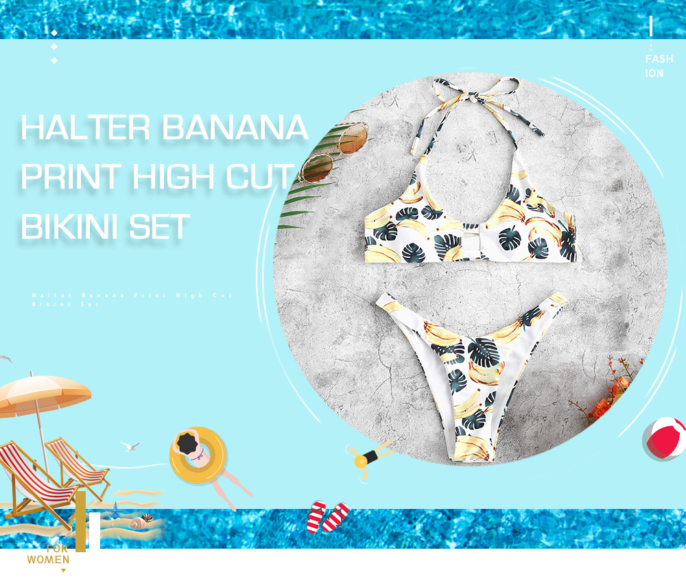 Halter Banana Print High Cut Bikini Set