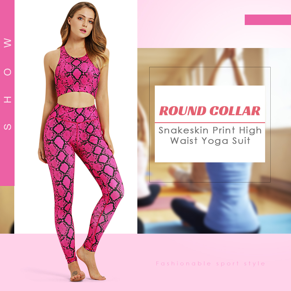 Round Collar Sleeveless Padded Cut Out Snakeskin Print Crop Top High Waist Skinny Women Yoga Suit