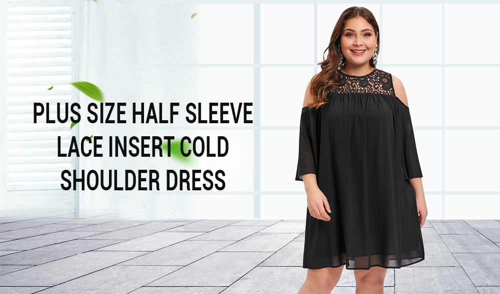 Plus Size Lace Insert Cold Shoulder Half Sleeve Dress