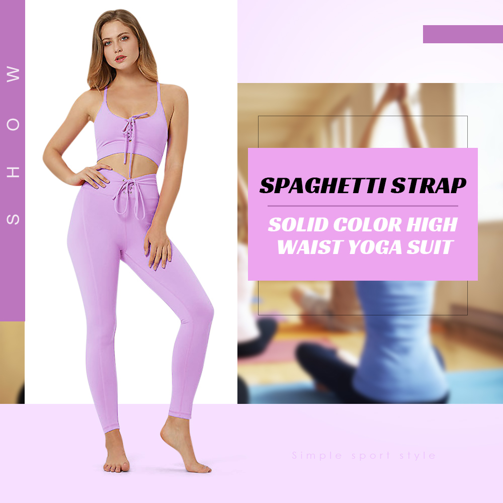 Spaghetti Strap Padded Lacing-up Solid Color High Waist Skinny Elastic Women Yoga Suit