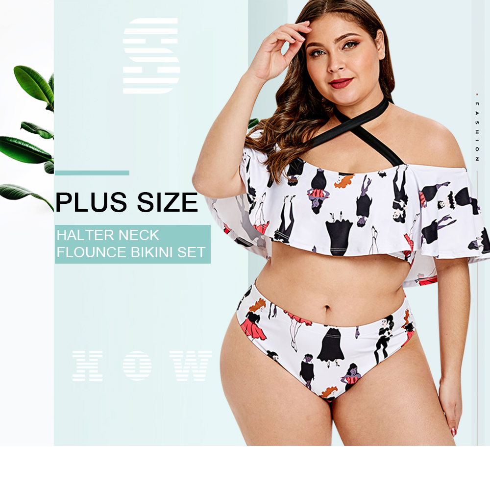 Plus Size Girl Print Flounce Bikini Set