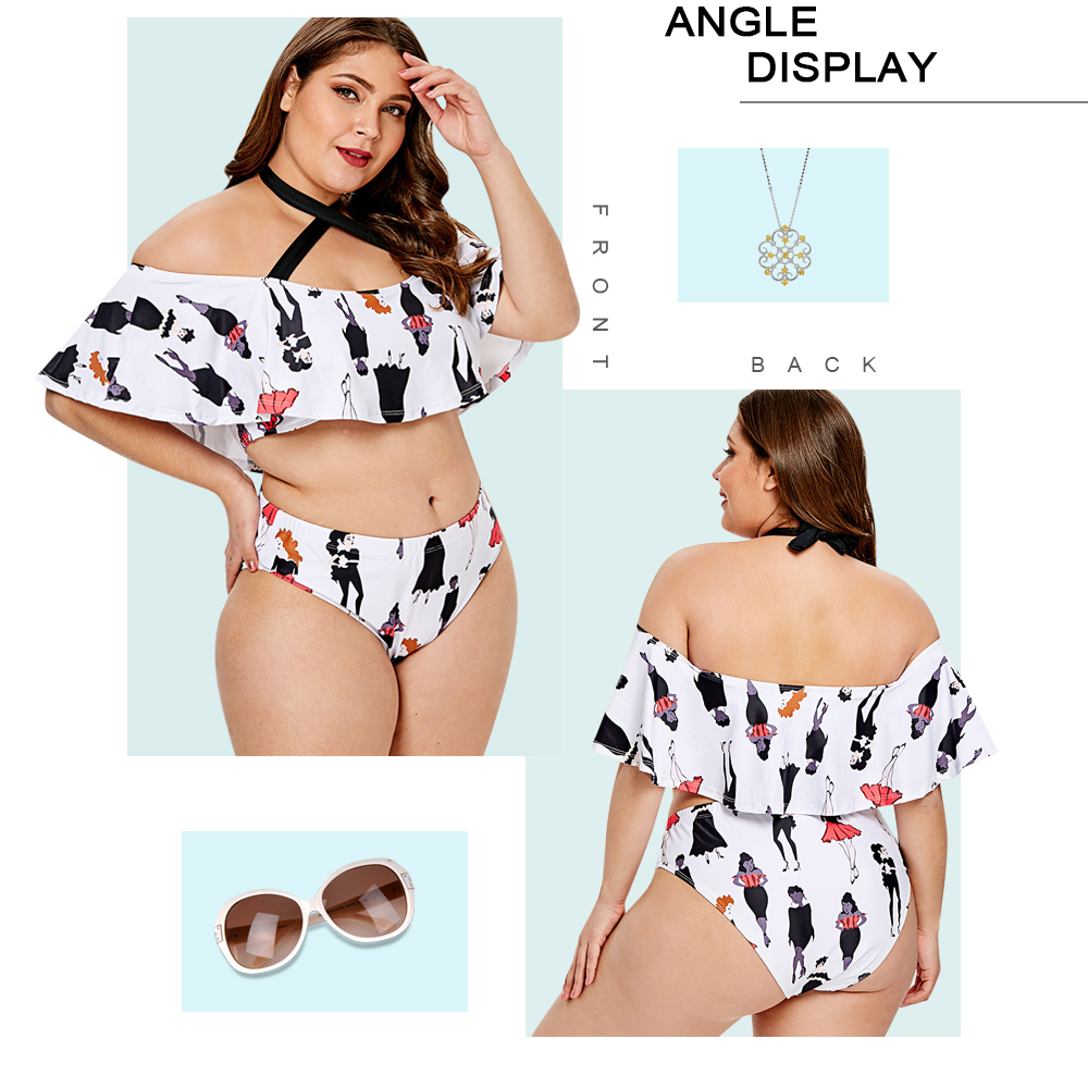 Plus Size Girl Print Flounce Bikini Set