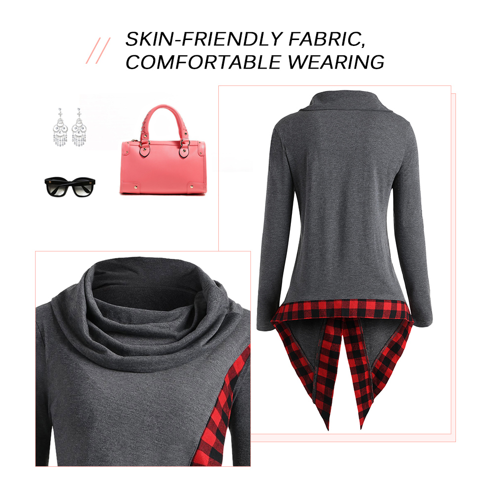 Plus Size Cowl Neck Plaid Panel Top