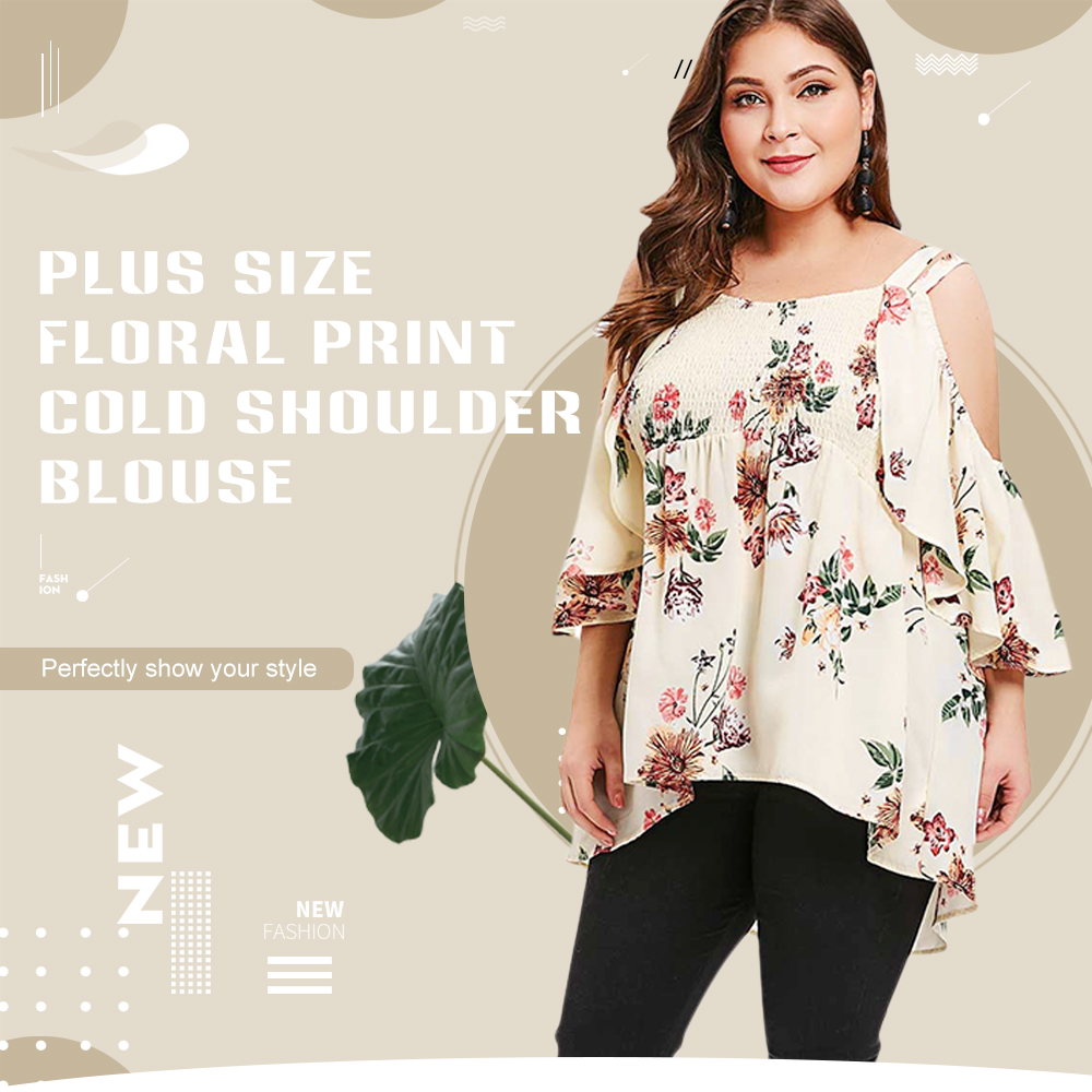 Plus Size Floral Print Cold Shoulder Smocked Blouse