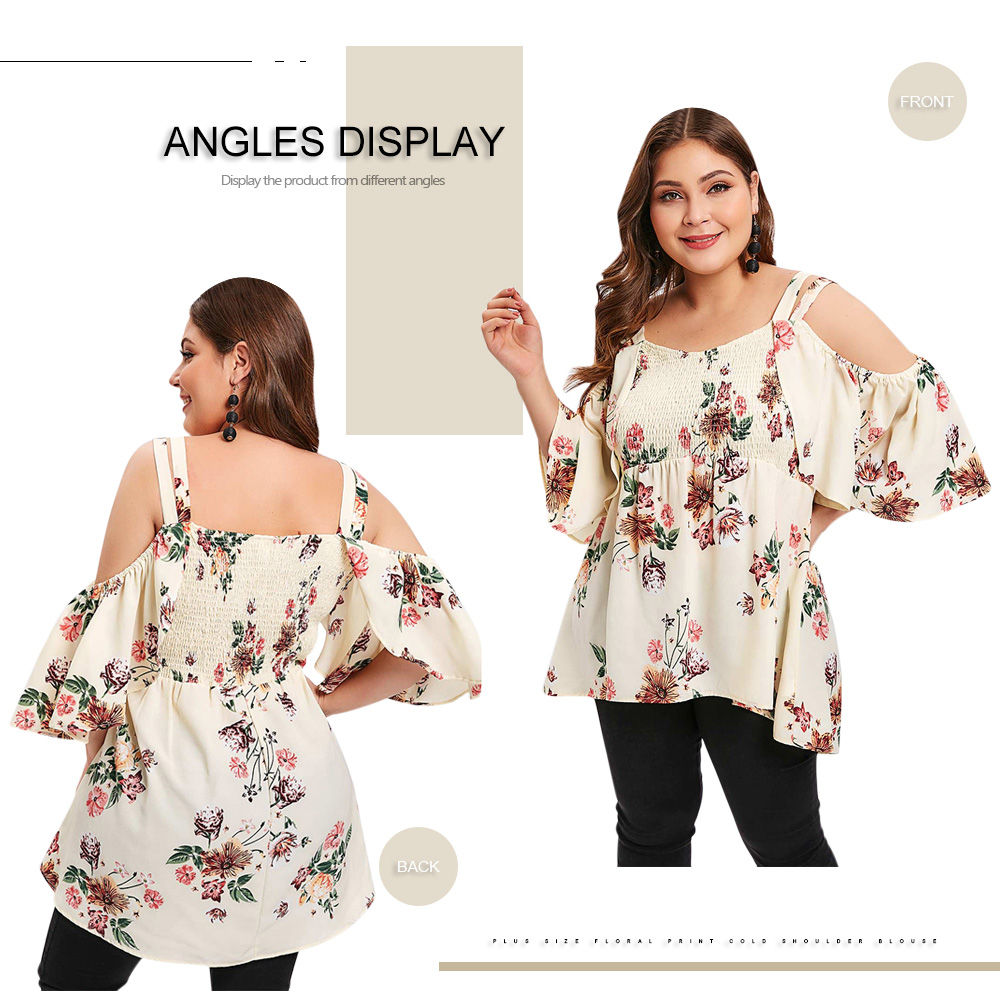 Plus Size Floral Print Cold Shoulder Smocked Blouse