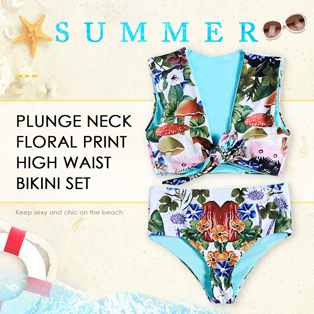 Plunge Neck Sleeveless Padded Floral Print High Waist Two-piece Women Bikini Set