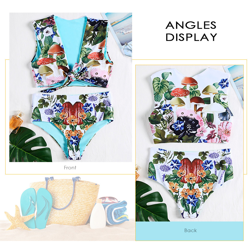 Plunge Neck Sleeveless Padded Floral Print High Waist Two-piece Women Bikini Set