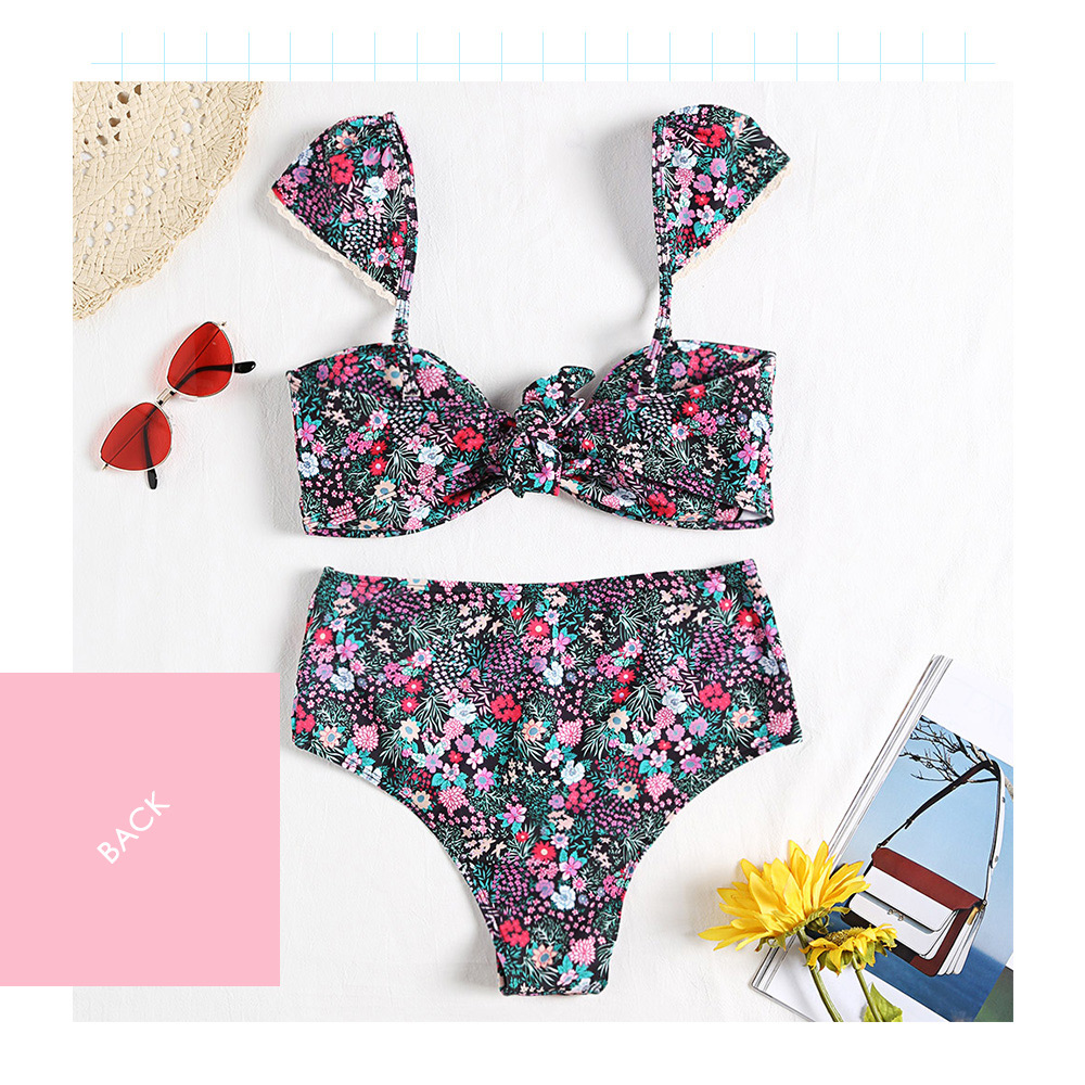 Floral Print Cap Sleeve Backless Padded Tied Strap High Waist Women Bikini Set