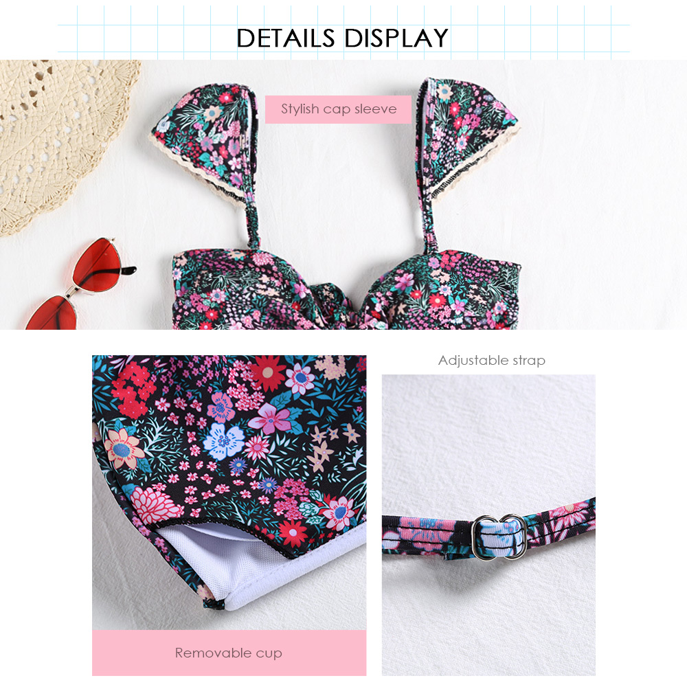 Floral Print Cap Sleeve Backless Padded Tied Strap High Waist Women Bikini Set