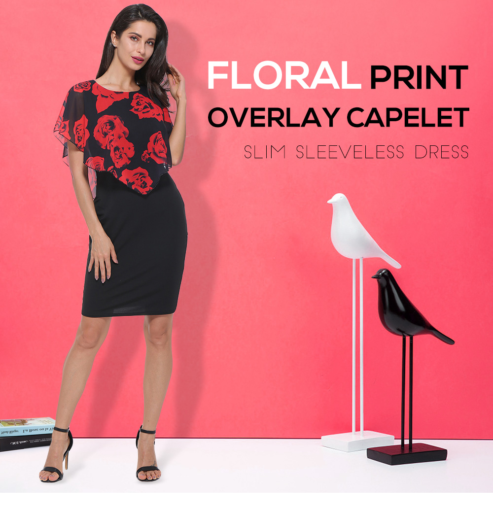 Women Summer Rose Printing Overlay Capelet Slim Sleeveless Dress