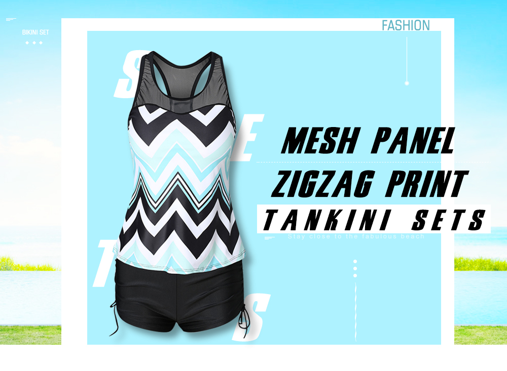 Zigzag Print Mesh Panel Tankini Sets