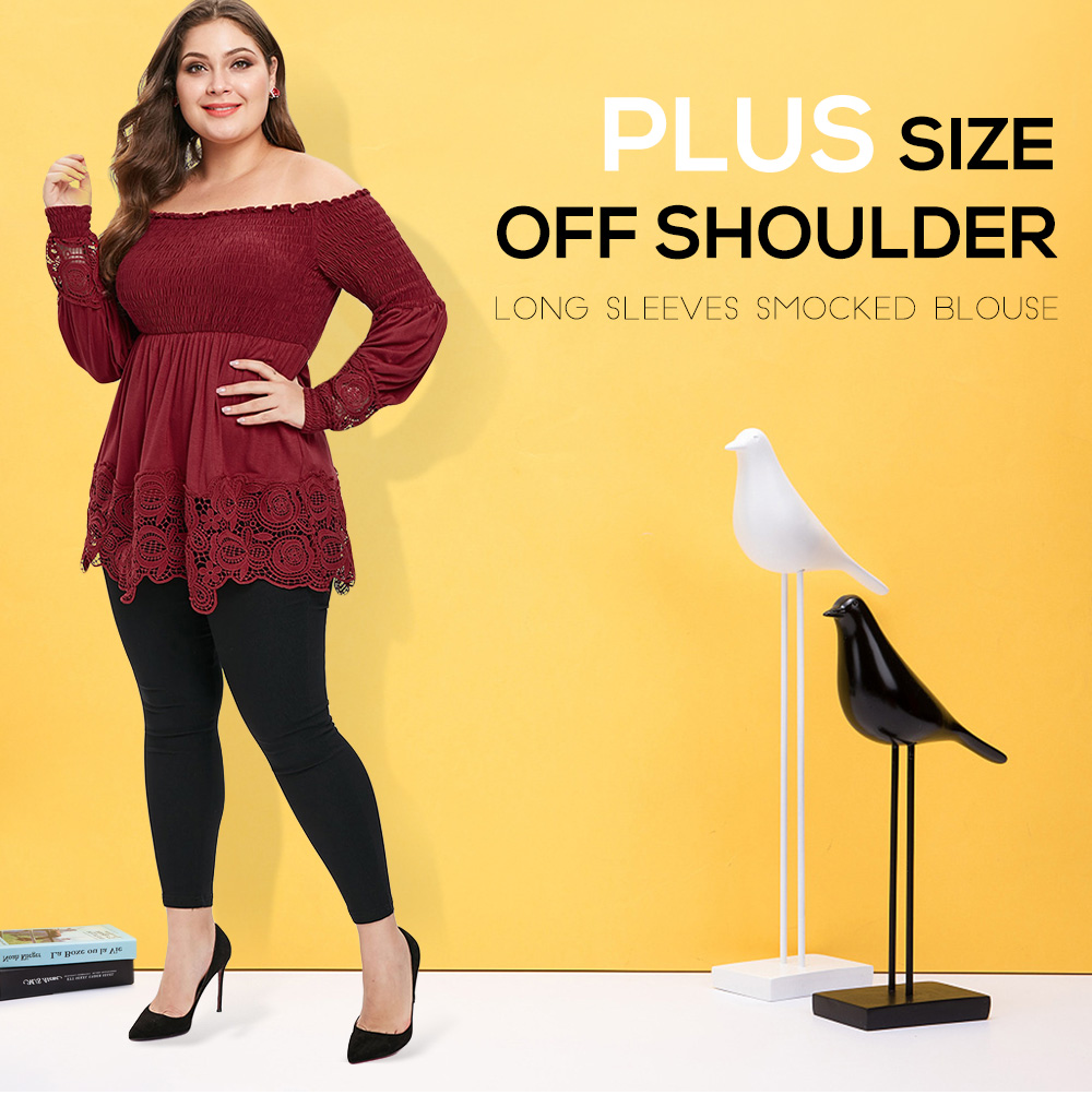 Plus Size Off Shoulder Long Sleeves Smocked Blouse