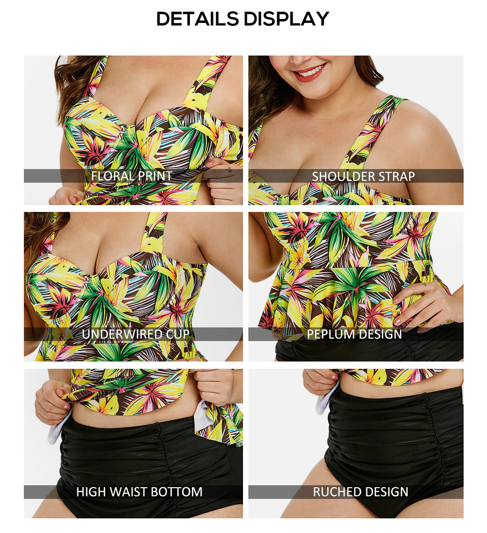 Plus Size Flower Print Peplum Tankini Set