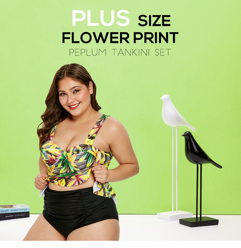 Plus Size Flower Print Peplum Tankini Set