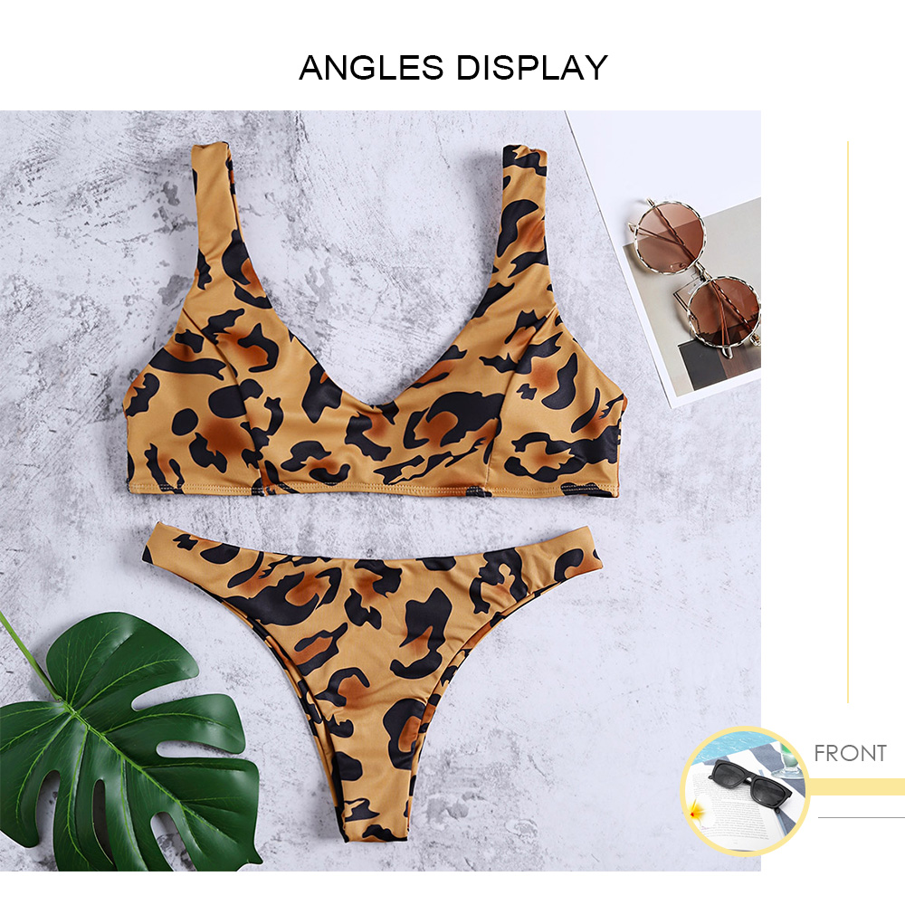 V Neck Backless Padded Leopard Print Low Waist Two-piece Women Bikini Set