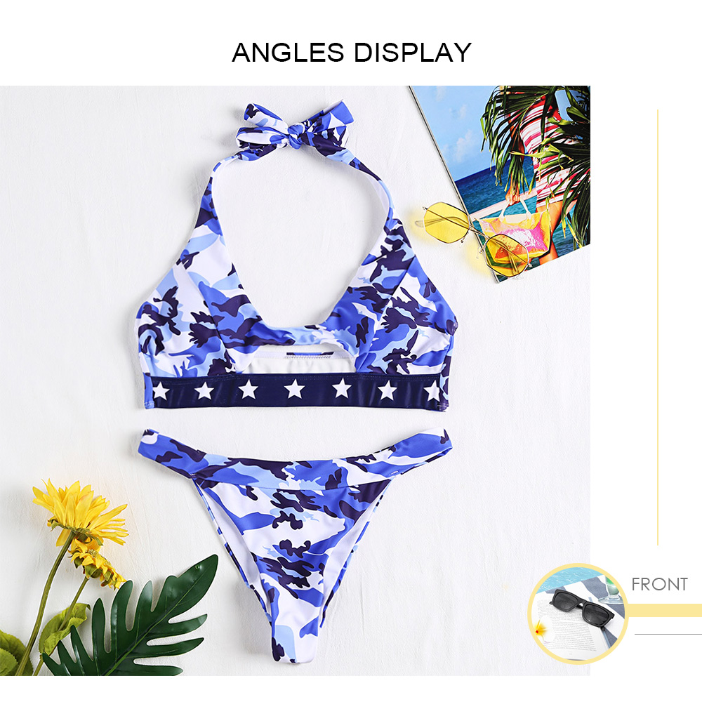 Halter Neck Padded Backless Camouflage Print Cut Out Low Waist Women Bikini Set