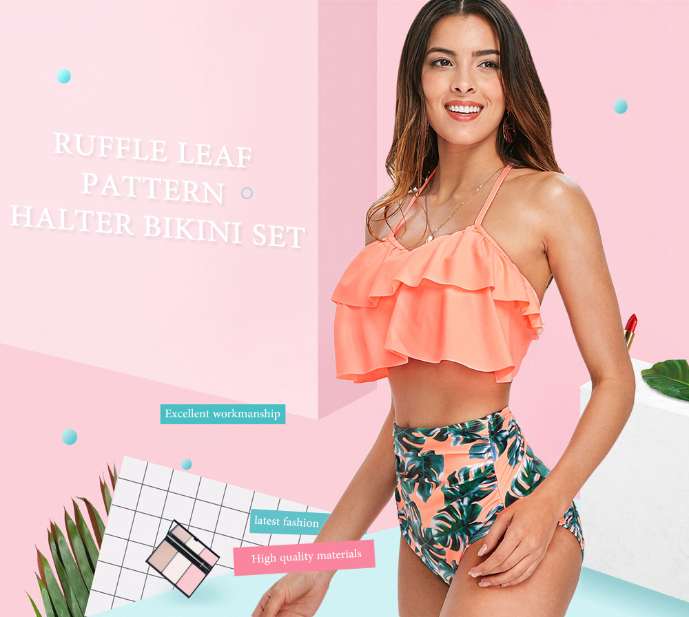 Ruffle Leaf Pattern Halter Bikini Set