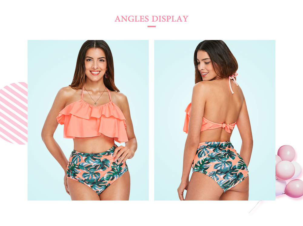 Ruffle Leaf Pattern Halter Bikini Set