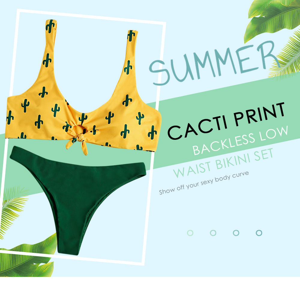 Scoop Neck Padded Backless Cacti Print Low Waist Two-piece Women Bikini Set