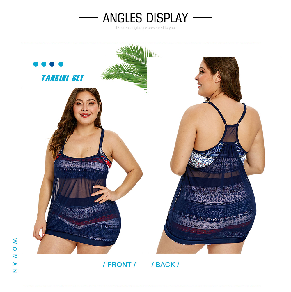 Plus Size Mesh Print Blouson Tankini Set