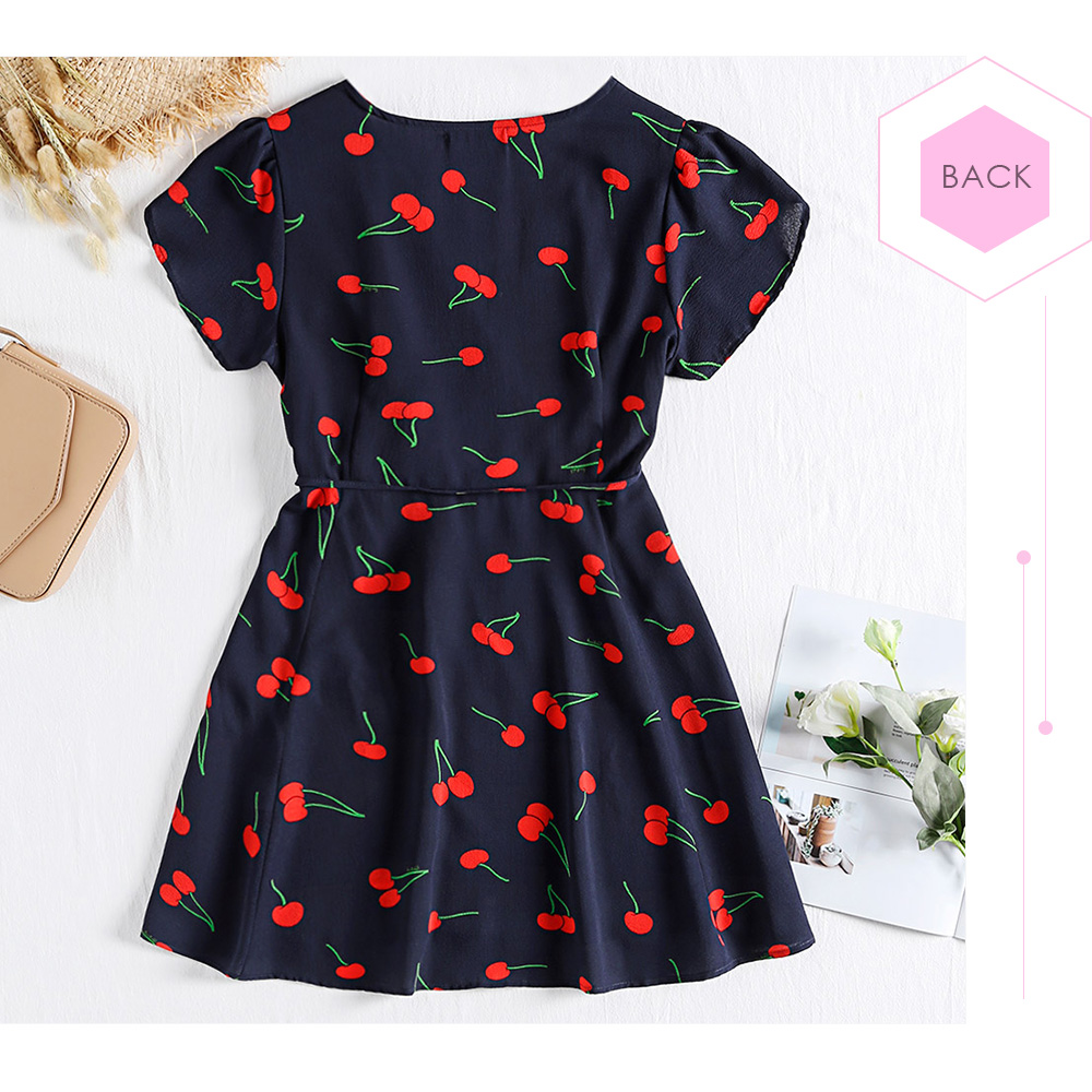 Plunge Neck Short Sleeve Print Chiffon A-line Women Wrap Dress