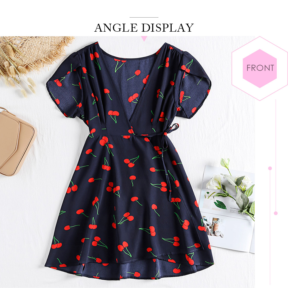 Plunge Neck Short Sleeve Print Chiffon A-line Women Wrap Dress