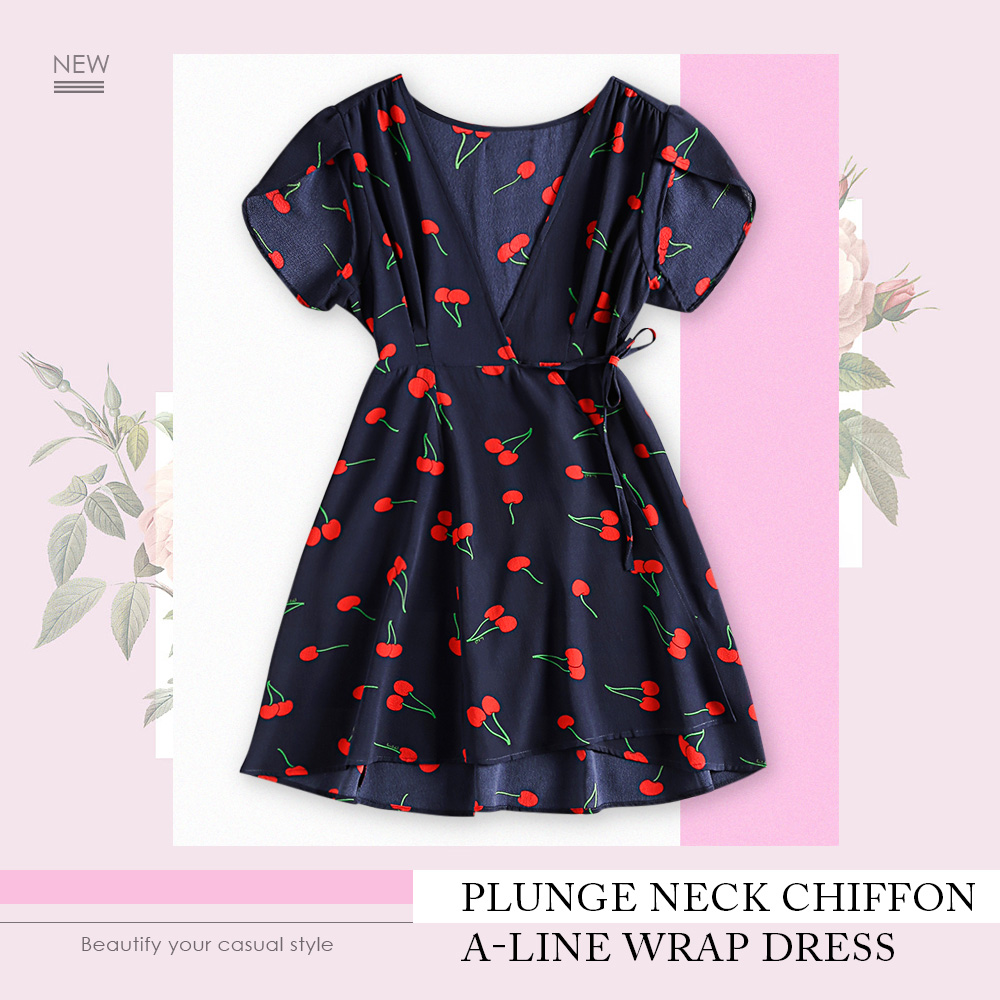 Plunge Neck Short Sleeve Print Chiffon A-line Women Wrap Dress