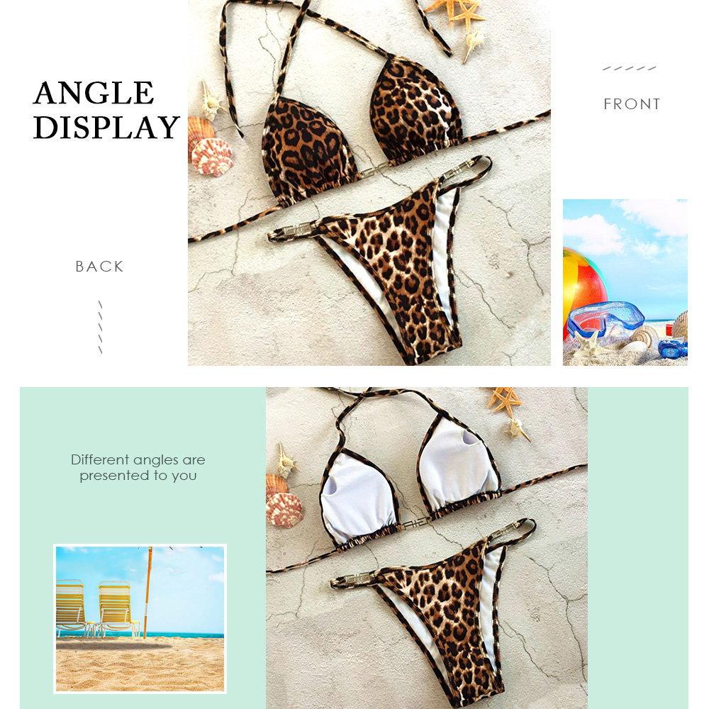 Sexy Leopard Print Bikini Metal Connecting Padded Cups Beachwear Women Swimsuit