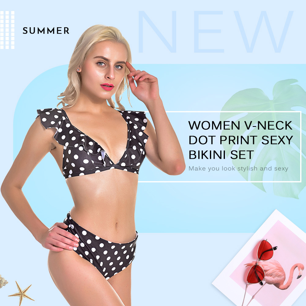 Women V-neck Dot Print Sexy Vintage Bikini Set Swimsuit Swimwear