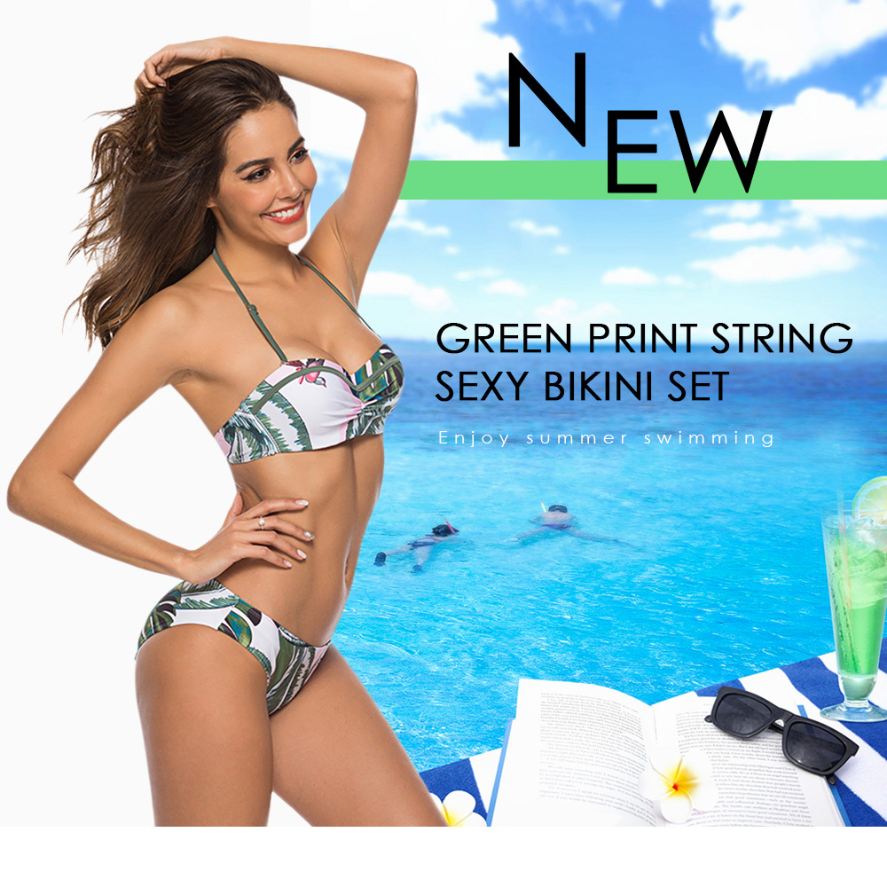 Leaf Print Bandeau String Bikini Set