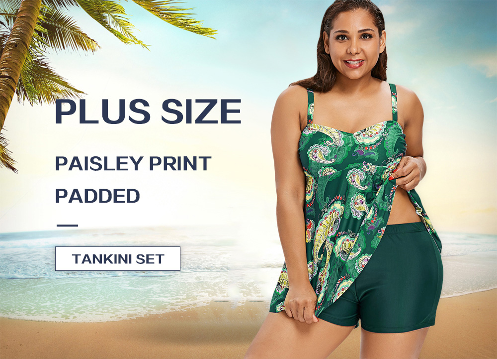 Plus Size Paisley Print Padded Tankini Set