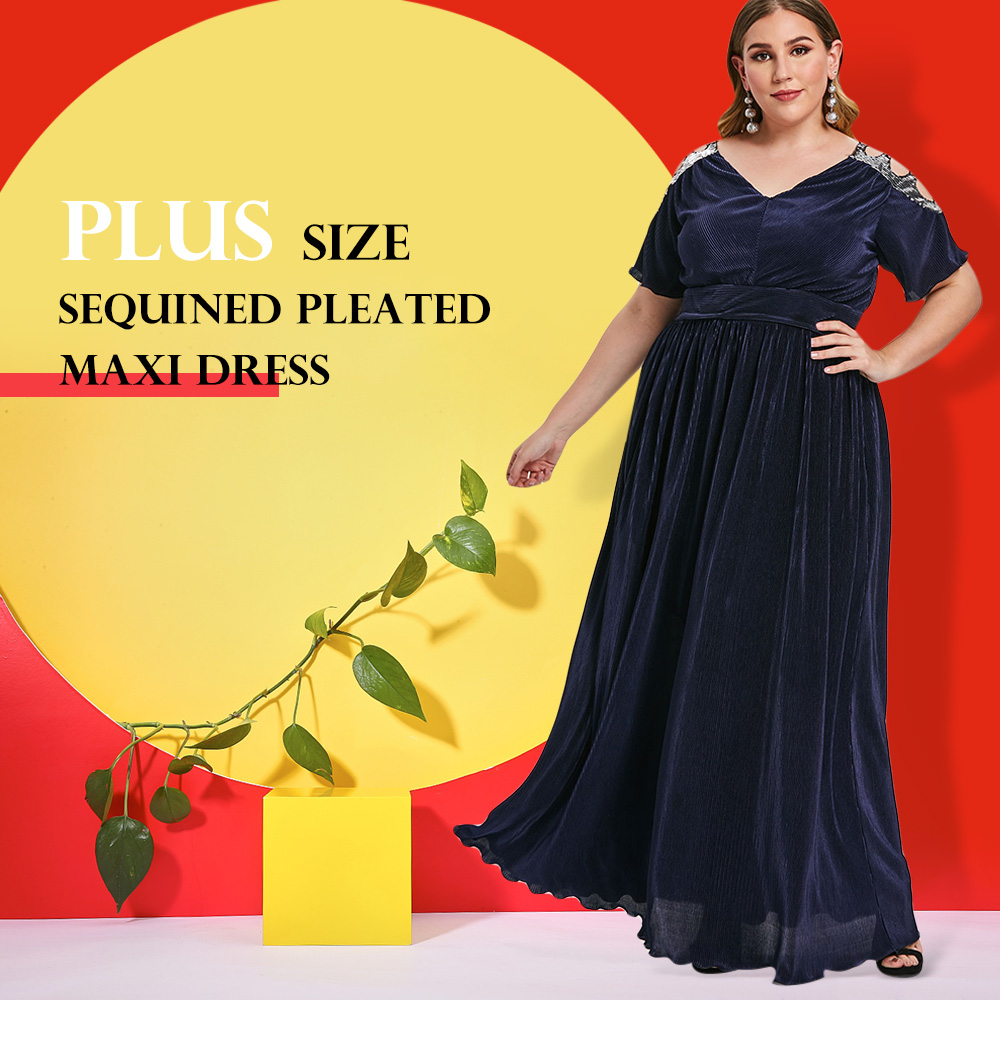 Plus Size Sequined Pleated Maxi Dress