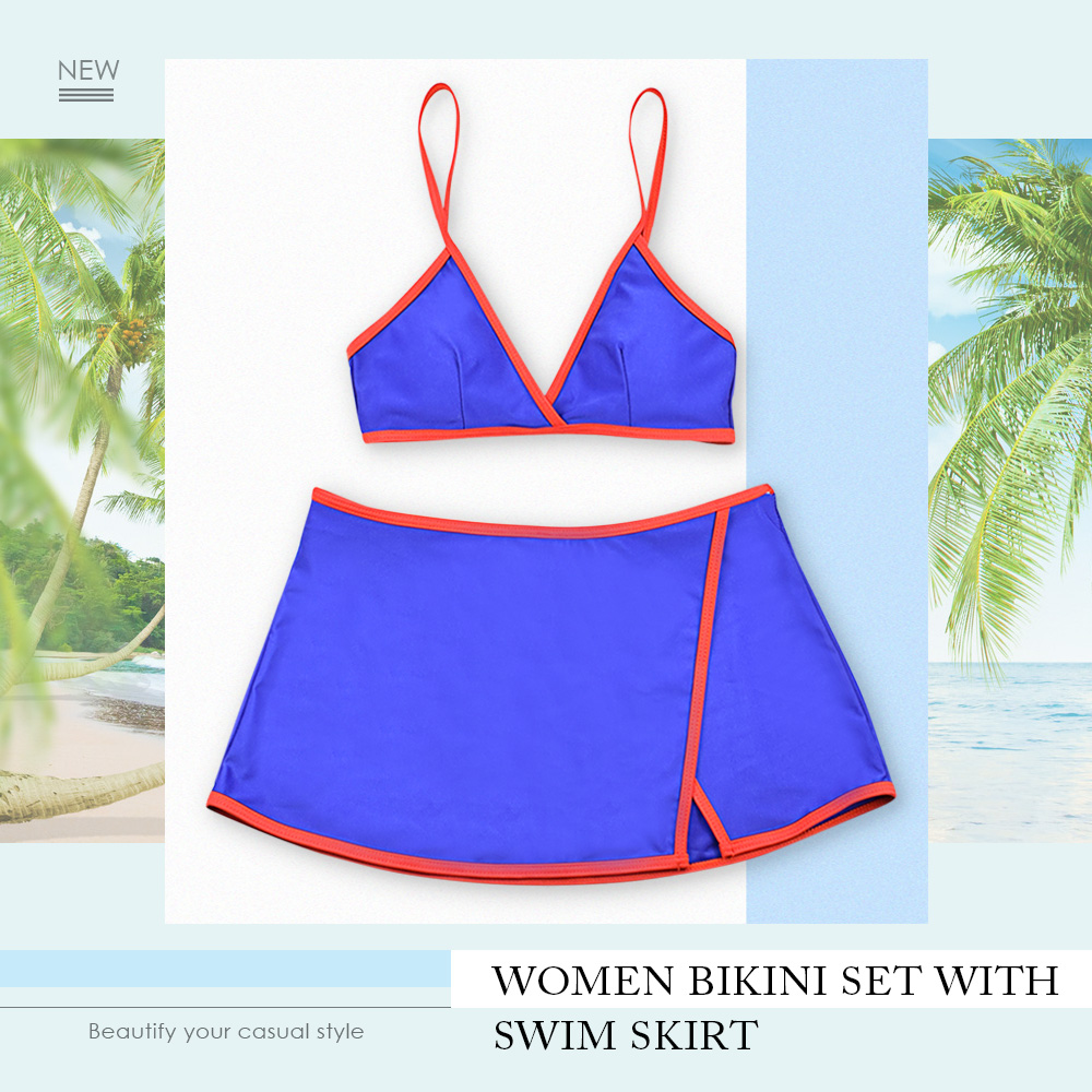 Women Color Blocking Bikini Set with Swim Skirt Bathing Suit Beachwear