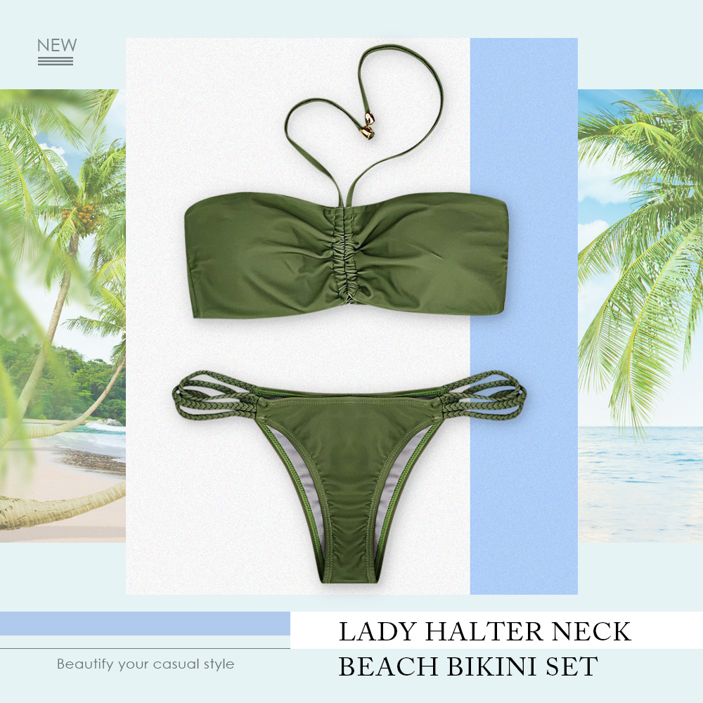 Lady Halter Neck Backless Padded Braided Drawstring Beach Bikini Set