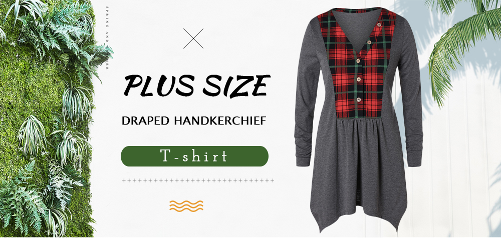 Plus Size Plaid Draped Handkerchief T-shirt