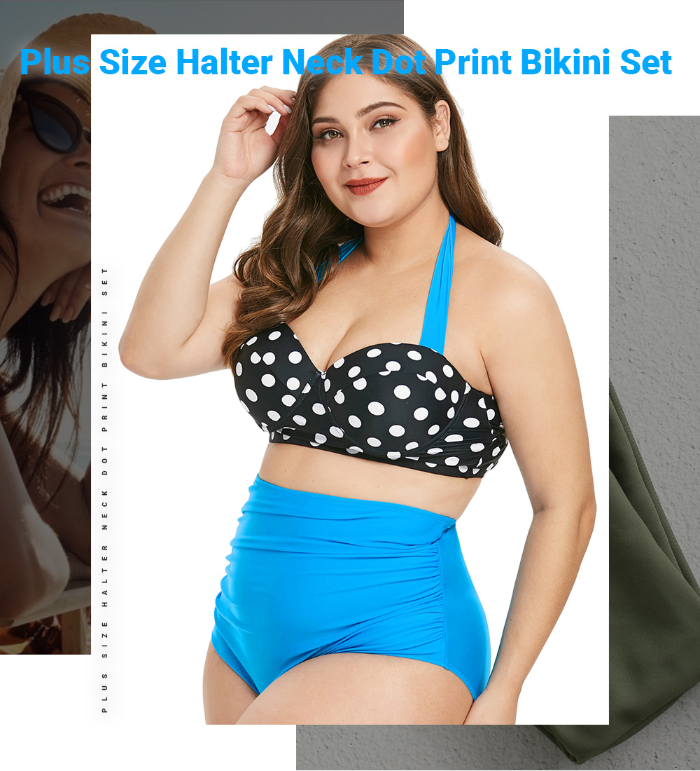 Halter Neck Plus Size Polka Dot Bikini Set