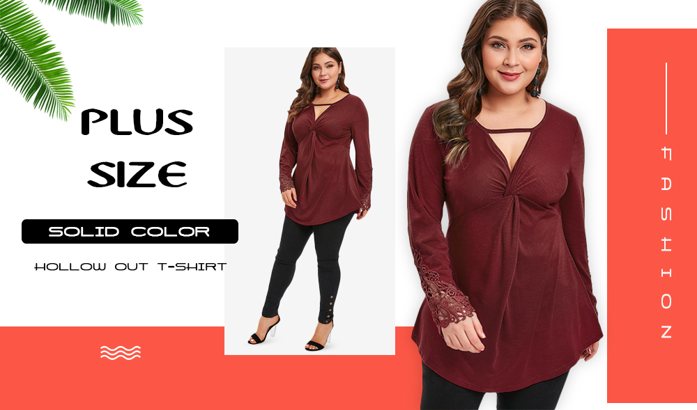 Plus Size Solid Color Hollow Out T-shirt