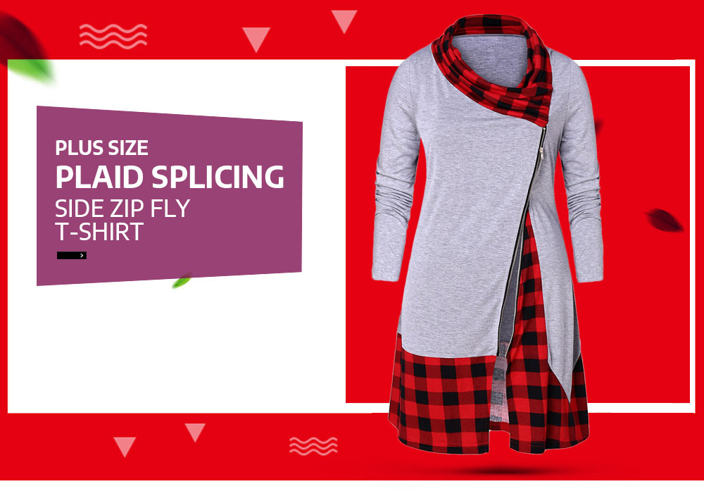 Plus Size Plaid Splicing Side Zip Fly T-shirt
