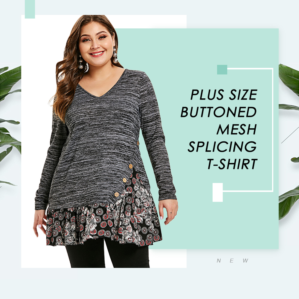 Plus Size Buttoned Mesh Splicing T-shirt