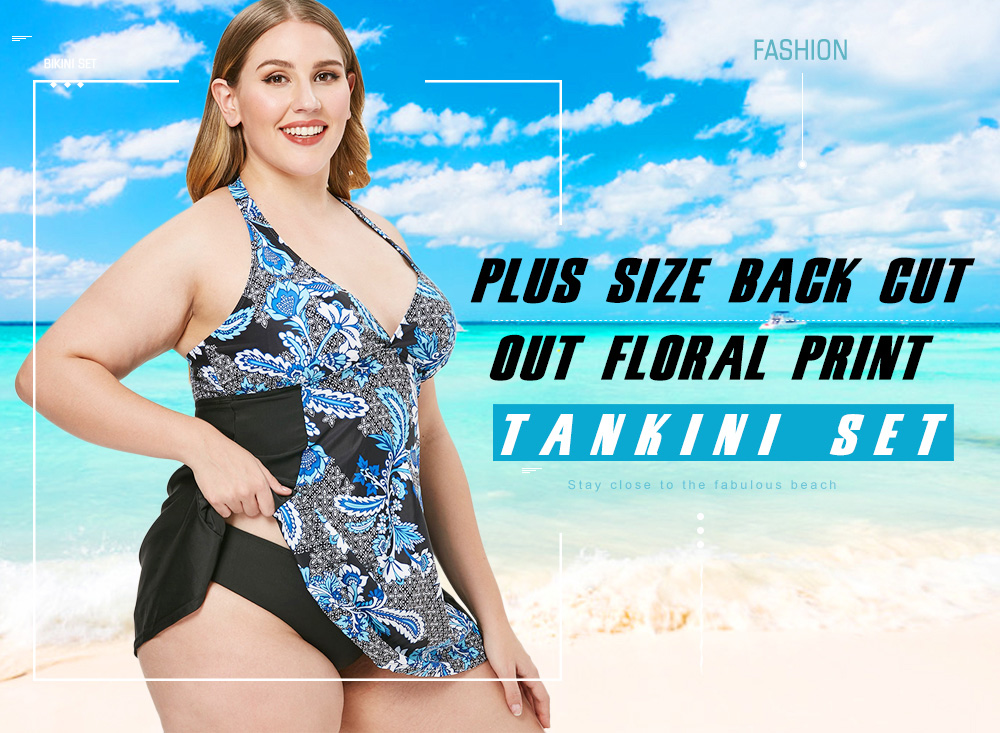 Plus Size Back Cut Out Floral Print Tankini Set