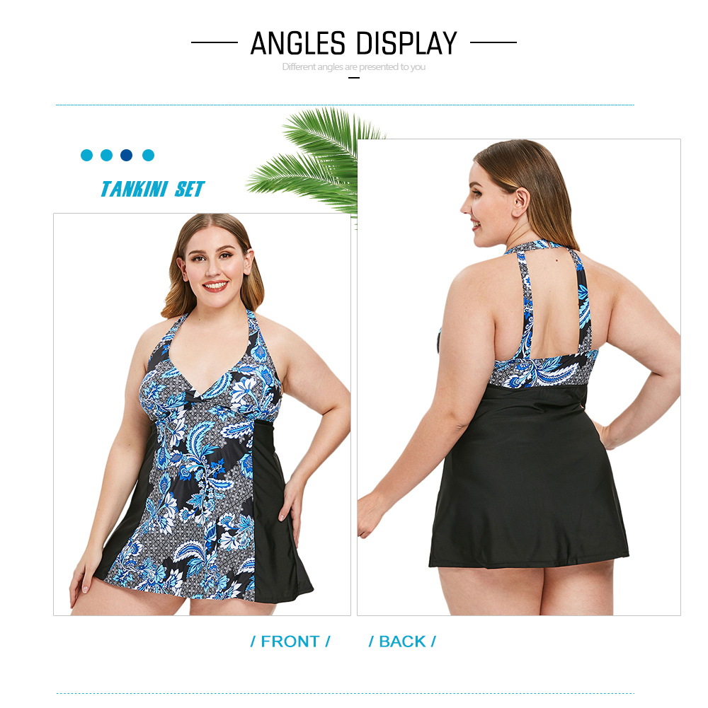 Plus Size Back Cut Out Floral Print Tankini Set