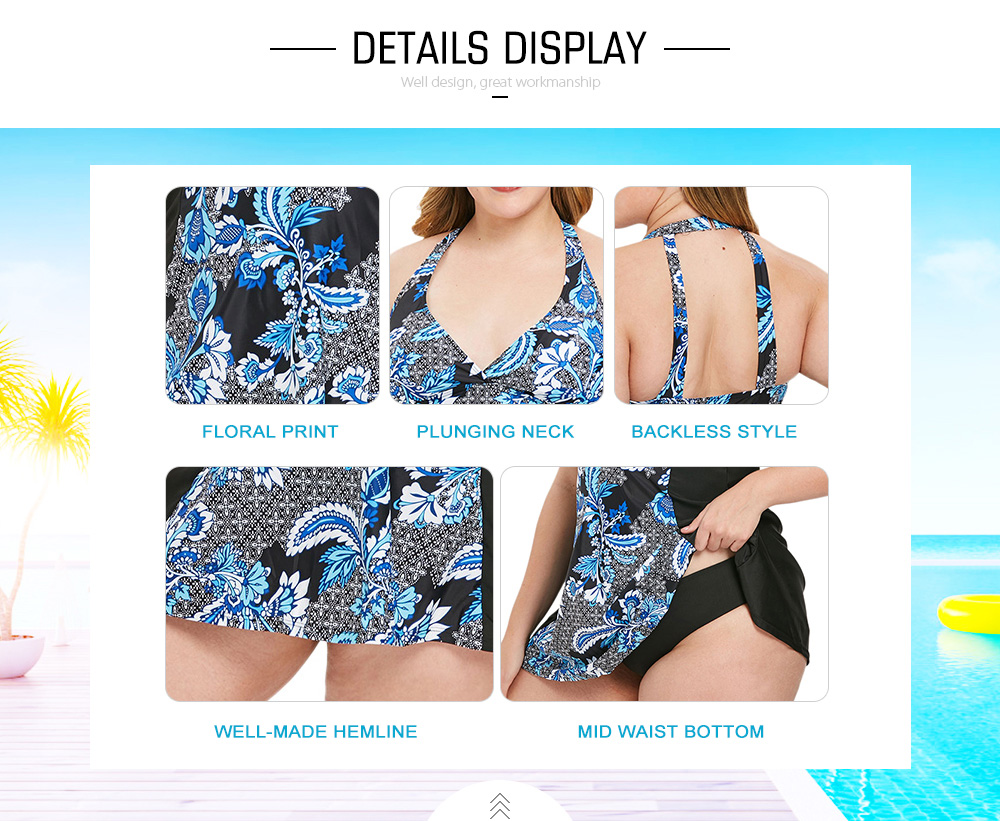 Plus Size Back Cut Out Floral Print Tankini Set